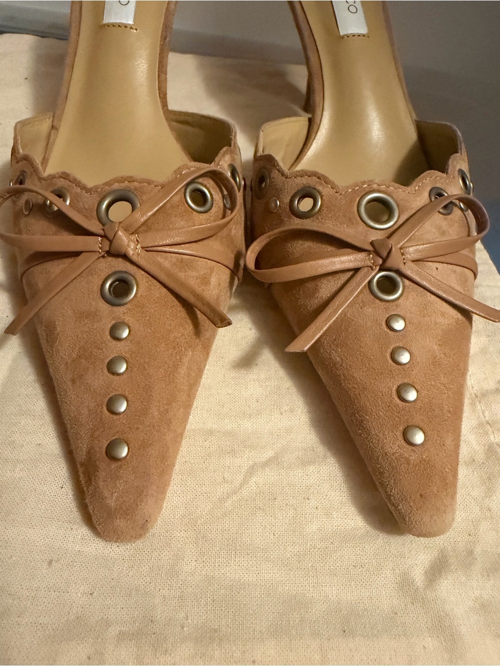 Tony Bianco Tan Suede Pointed Mule with Grommet & Bow Detail - Picture 2 of 6